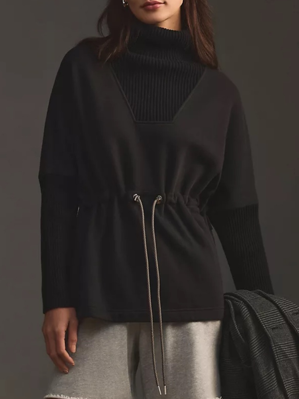 Varley Black Longline Drawstring Turtleneck Sweater